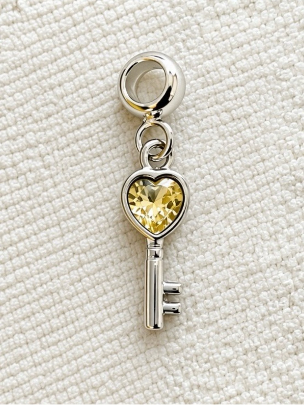 Silver Heart Rhinestone Key Charm Pandora Compatible - Picture 1 of 4